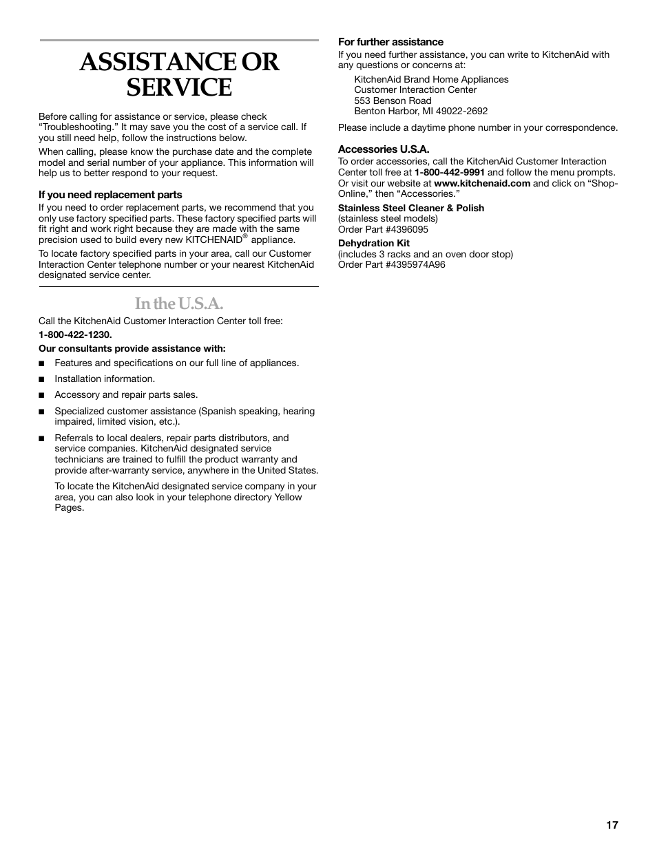 Assistance or service | KITCHENAID KEBC101 User Manual | Page 17 / 20