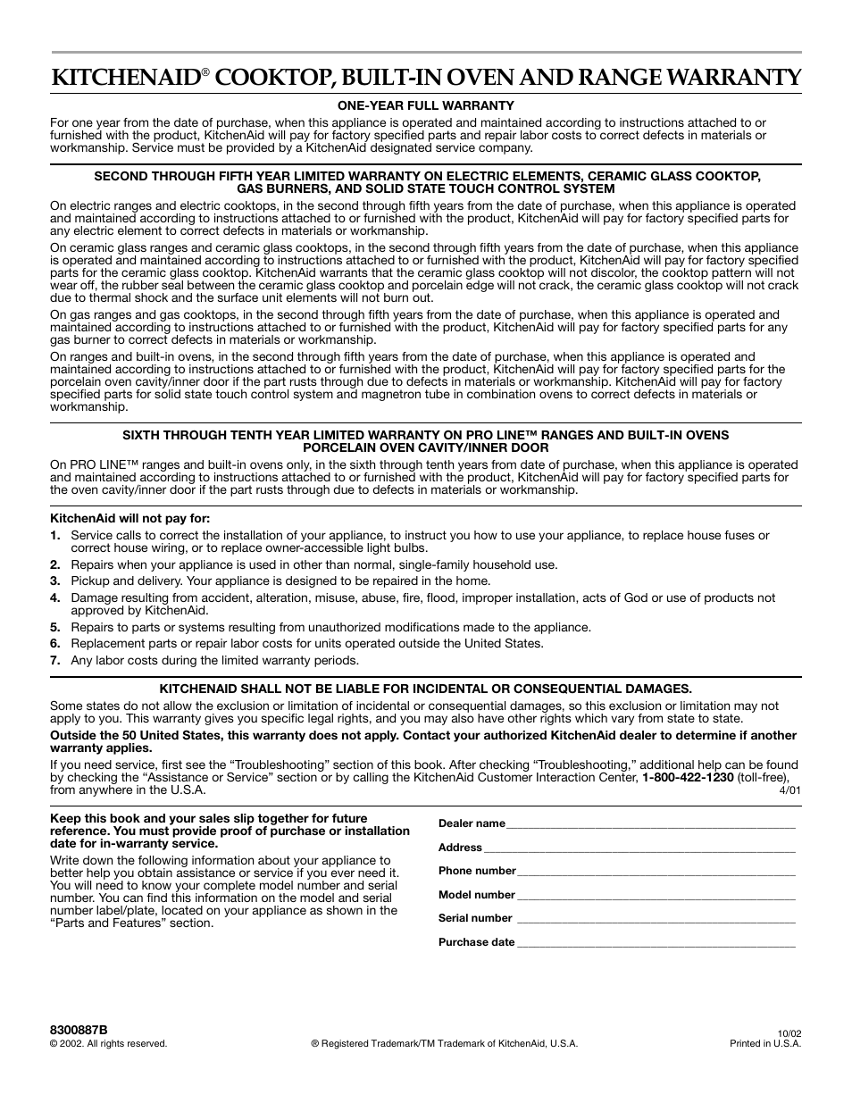 Warranty, Kitchenaid, Cooktop, built-in oven and range warranty | KITCHENAID KEBC101 User Manual | Page 20 / 20