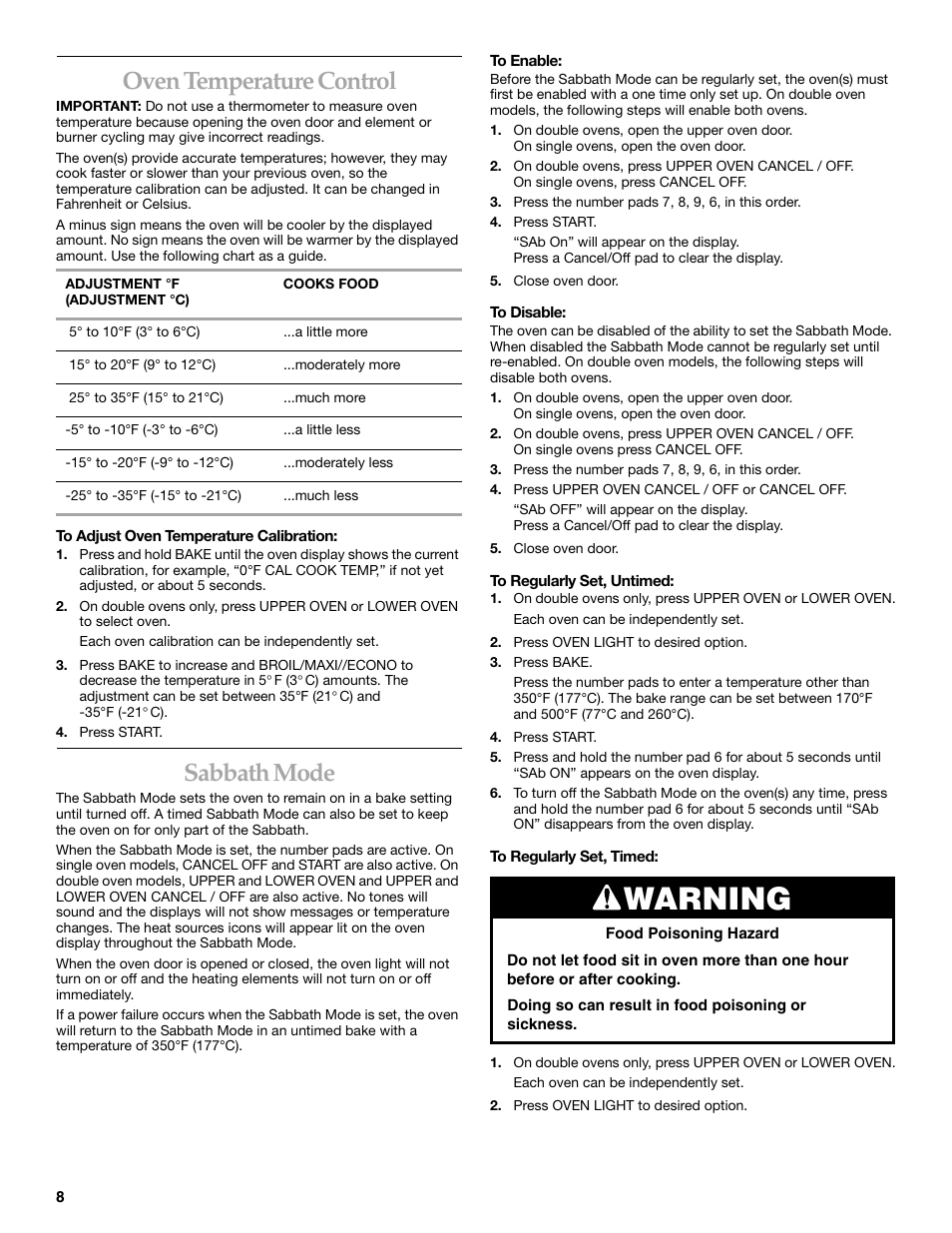 Warning, Oven temperature control, Sabbath mode | KITCHENAID KEBC101 User Manual | Page 8 / 20