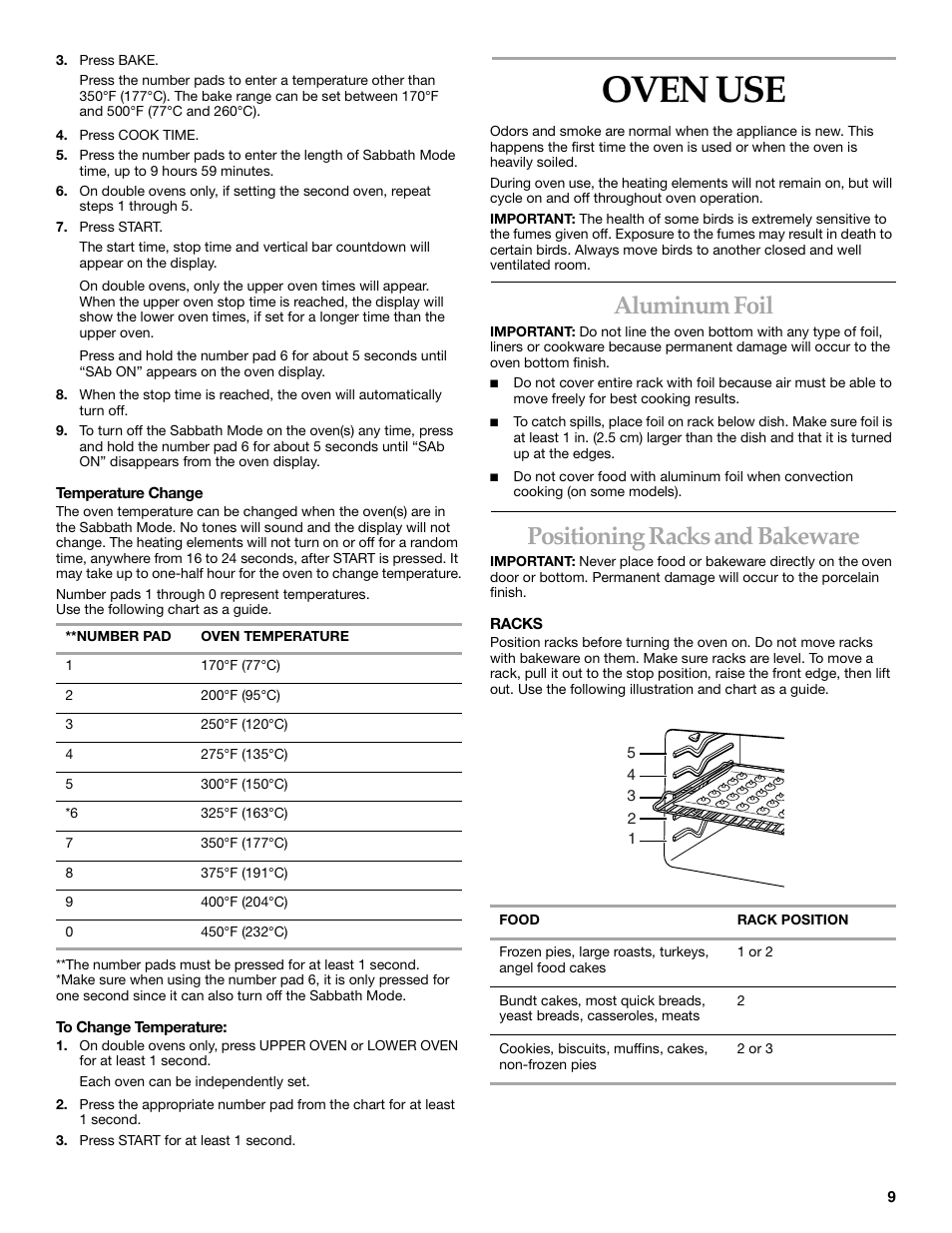 Oven use, Aluminum foil, Positioning racks and bakeware | KITCHENAID KEBC101 User Manual | Page 9 / 20