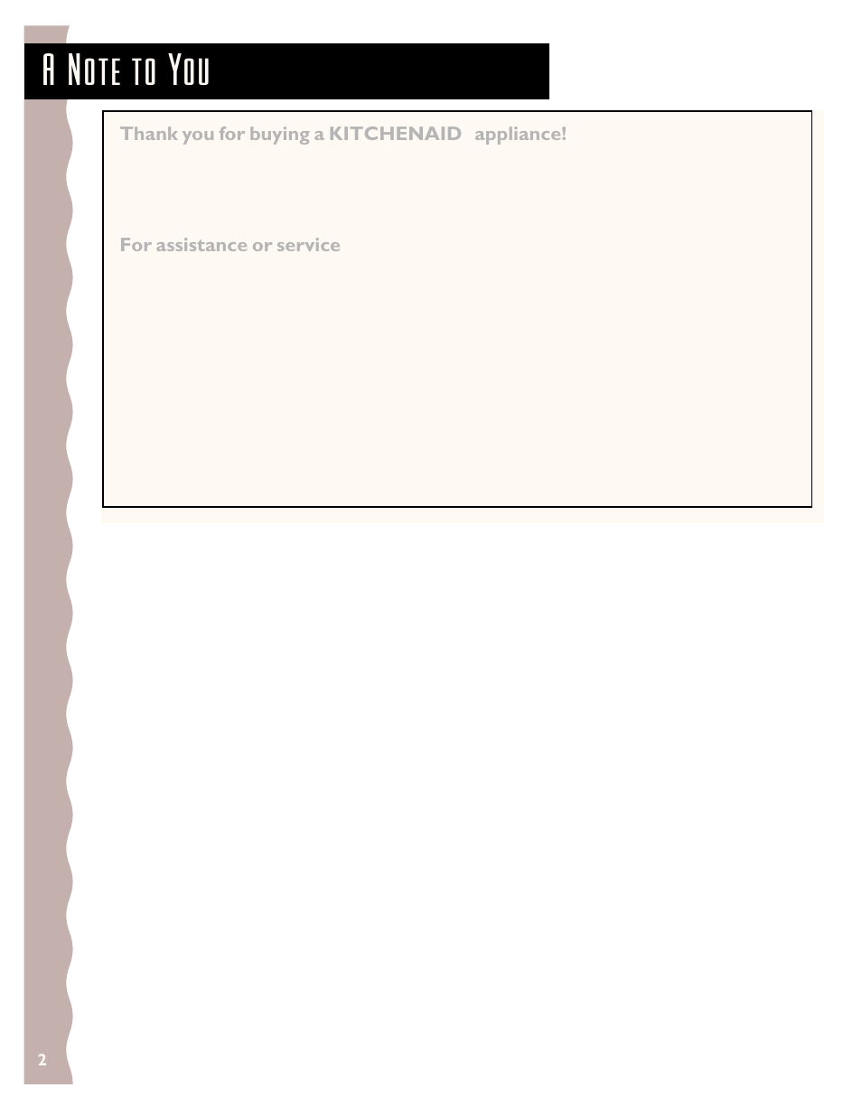 A note to you | KITCHENAID KCMC155J User Manual | Page 2 / 64