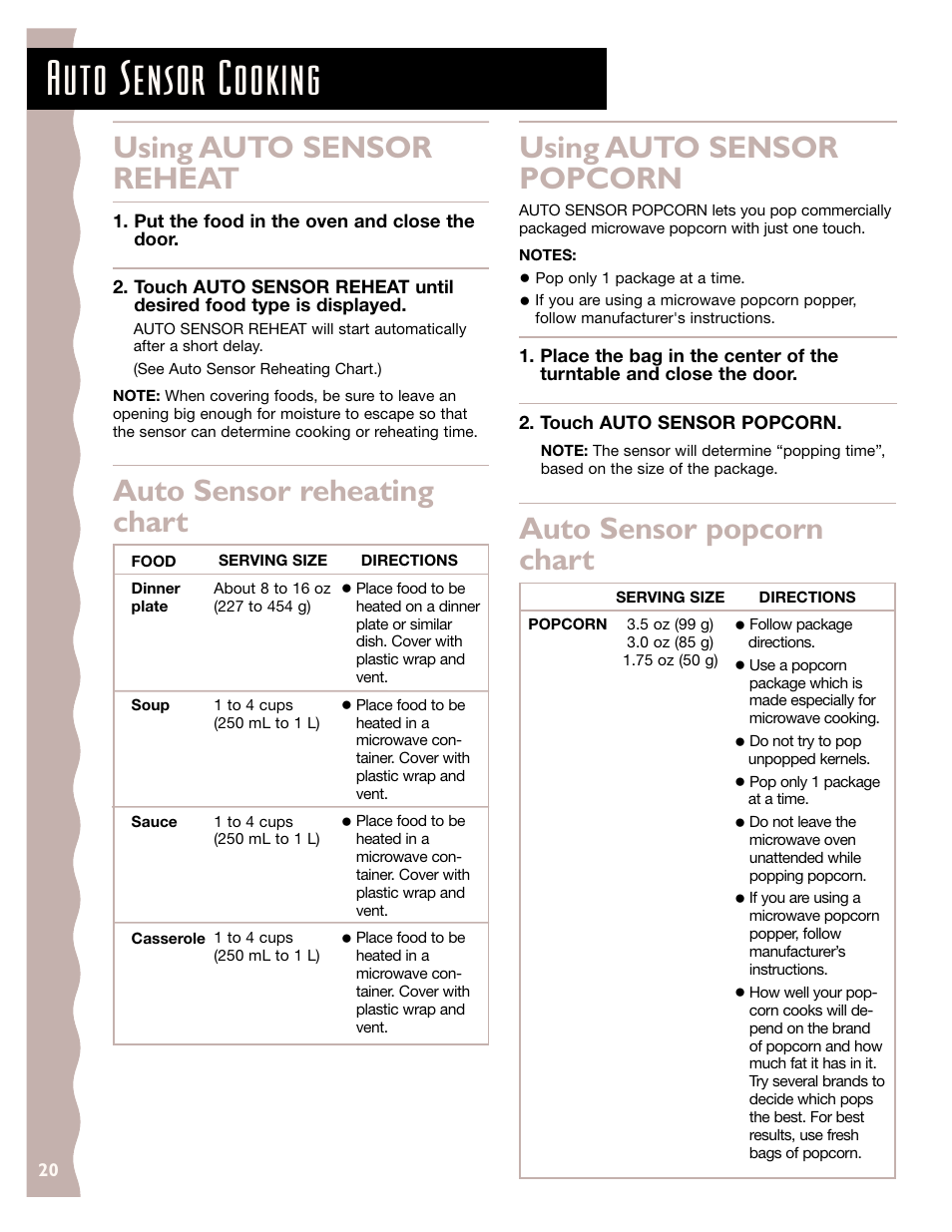 Auto sensor cooking, Using auto sensor popcorn, Using auto sensor reheat | KITCHENAID KCMC155J User Manual | Page 20 / 64
