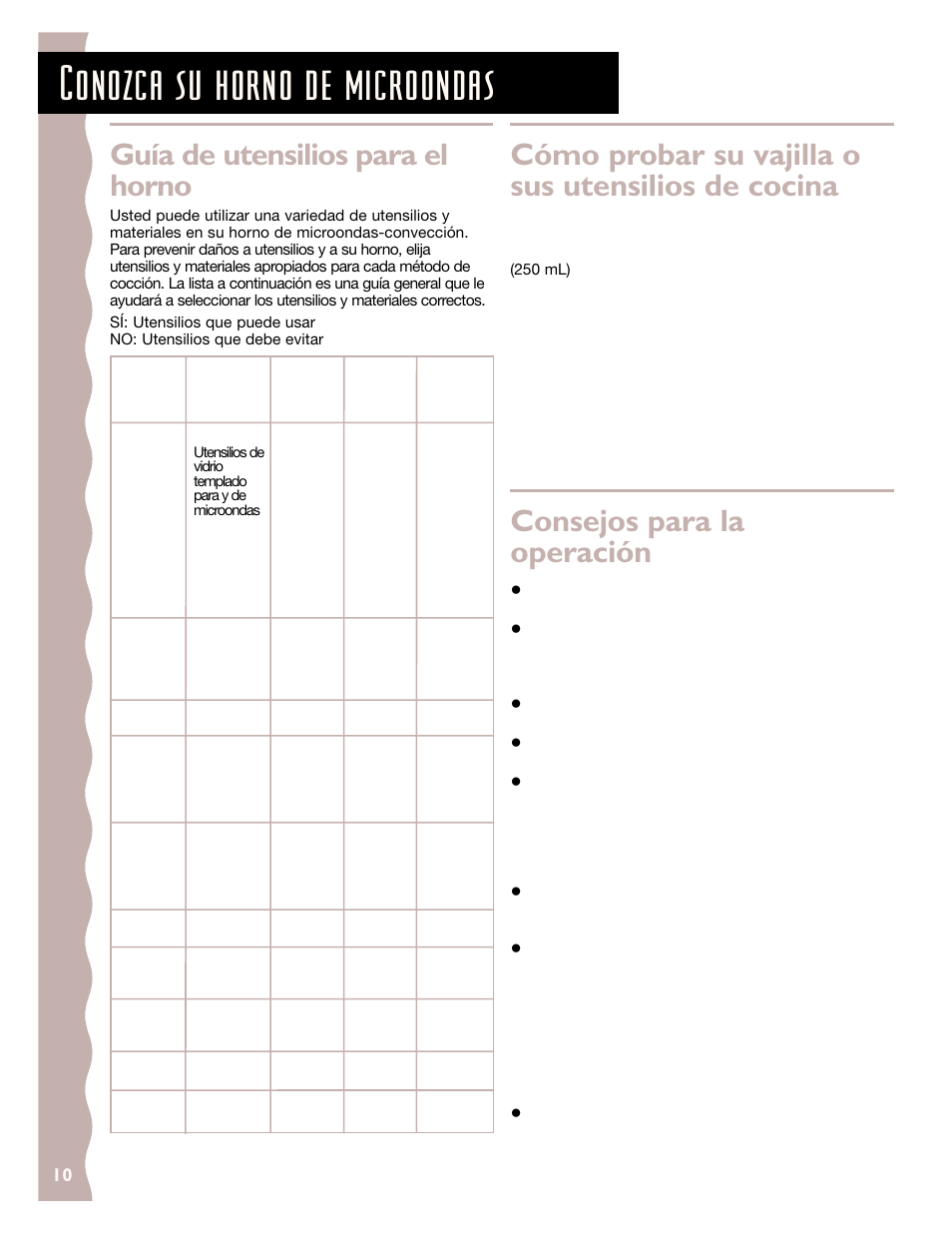 Conozca su horno de microondas, Guía de utensilios para el horno, Cómo probar su vajilla o sus utensilios de cocina | Consejos para la operación | KITCHENAID KCMC155J User Manual | Page 40 / 64