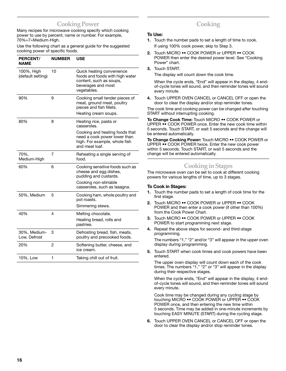 Cooking power, Cooking, Cooking in stages | KITCHENAID KBHC109 User Manual | Page 16 / 28