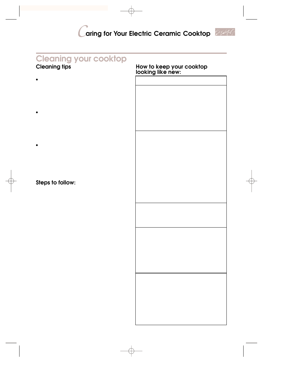 Cleaning your cooktop, Aring for your electric ceramic cooktop | KITCHENAID KKECT025 User Manual | Page 19 / 36