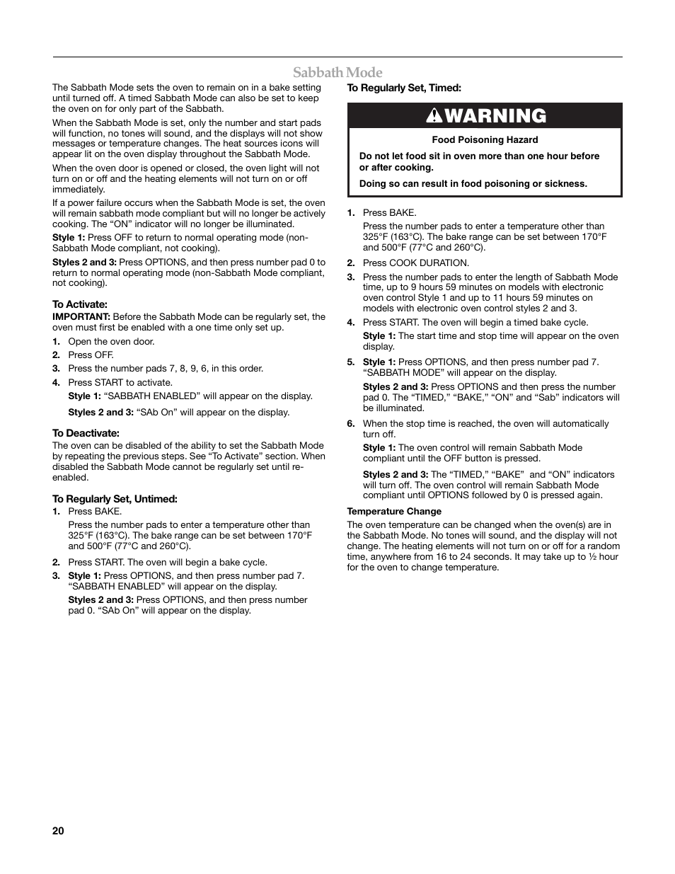 Warning, Sabbath mode | KITCHENAID KERI203 User Manual | Page 20 / 28