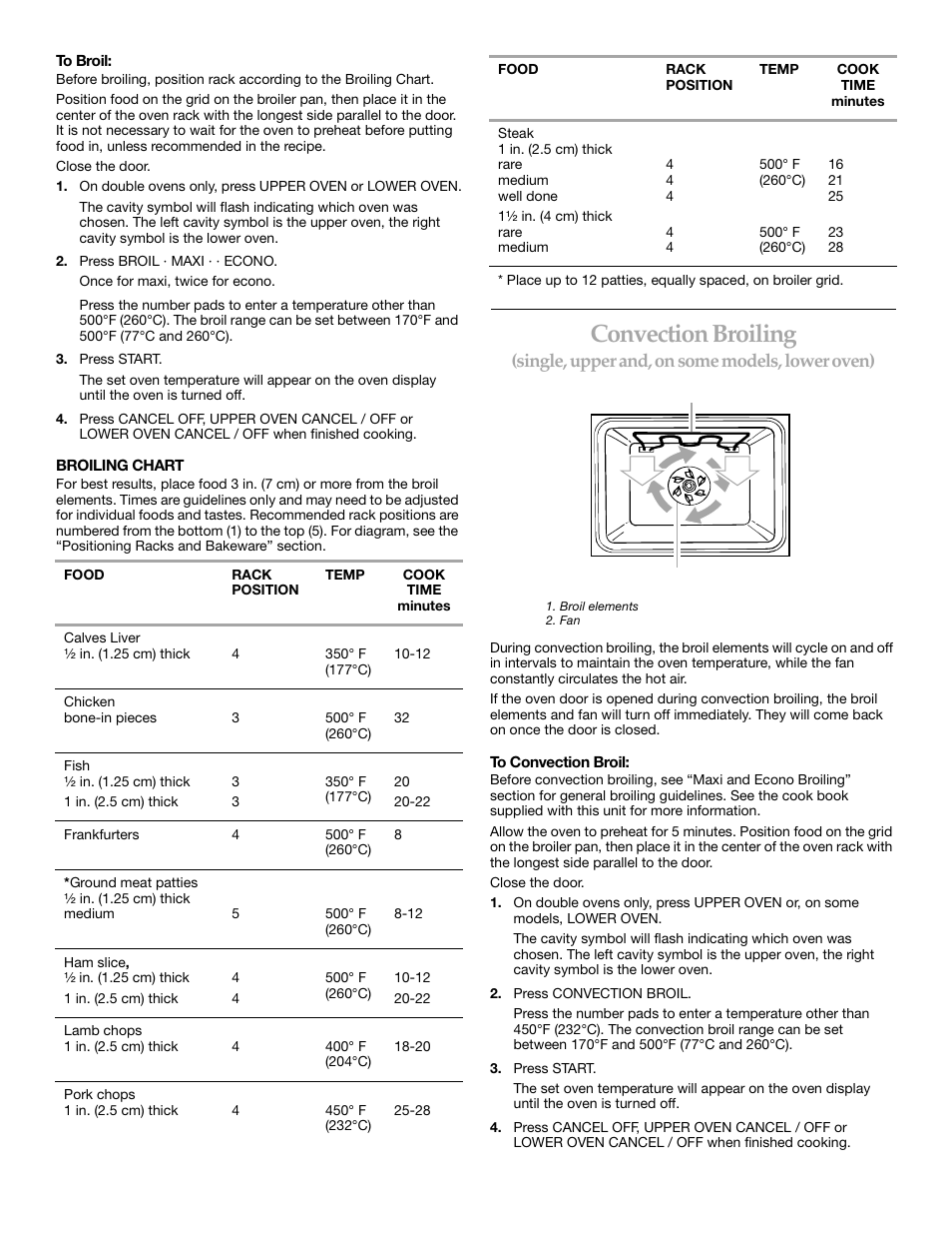 Convectionbroiling, Convection broiling, Single, upper and, on some models, lower oven) | KITCHENAID KEBS147 User Manual | Page 13 / 24