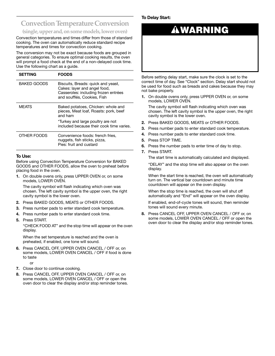 Convection temperature conversion, Warning | KITCHENAID KEBS147 User Manual | Page 15 / 24