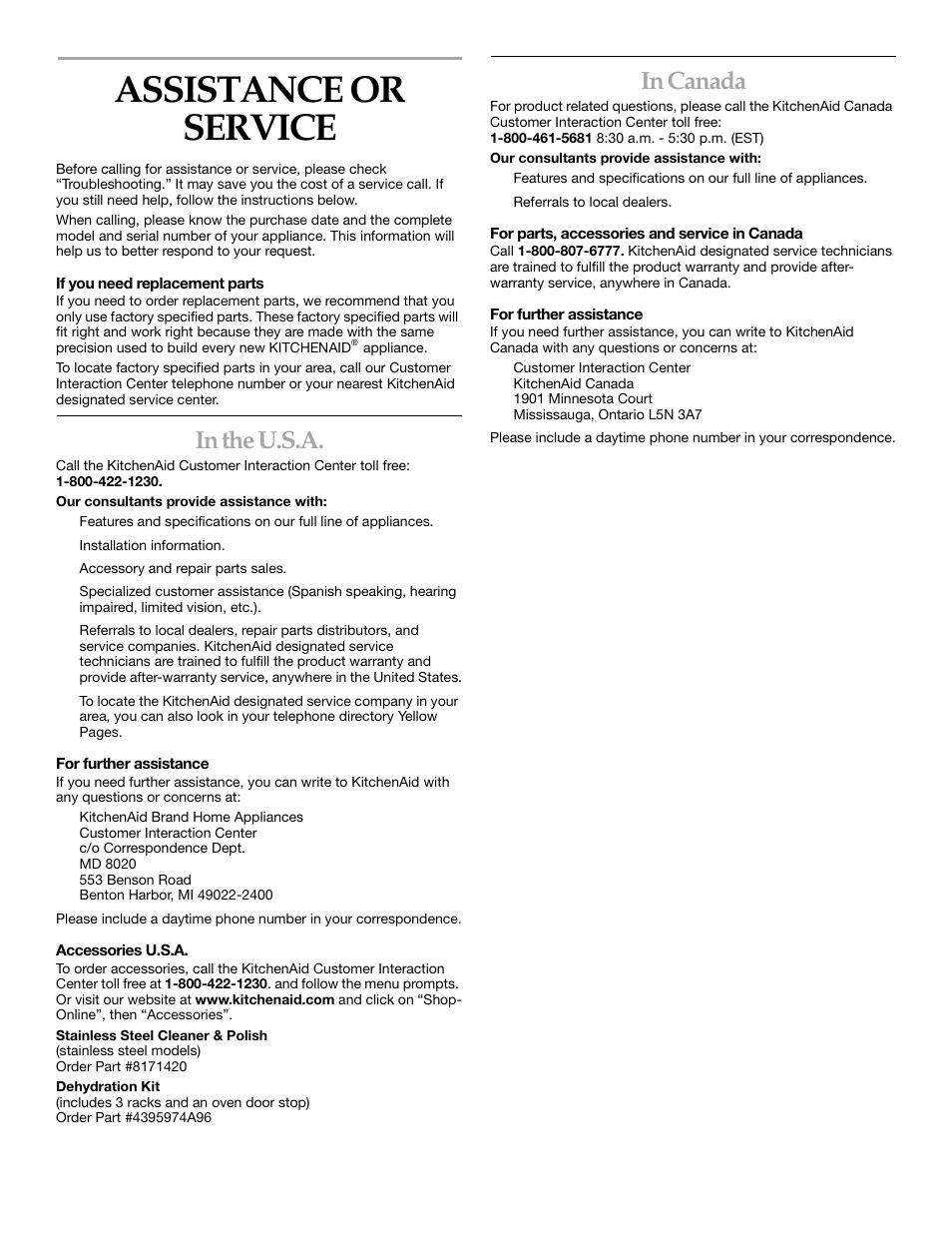Assistance, Assistance or service | KITCHENAID KEBS147 User Manual | Page 23 / 24