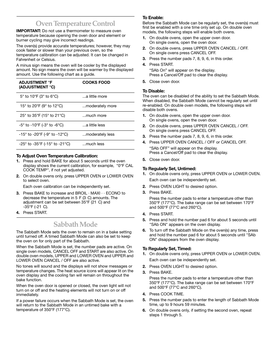 Oven temperature control, Sabbath mode | KITCHENAID KEBS147 User Manual | Page 8 / 24