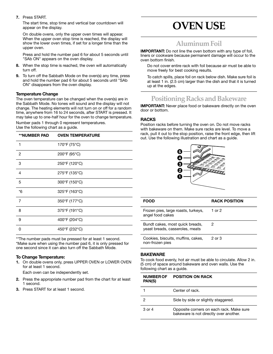 Oven use, Aluminum foil, Positioning racks and bakeware | KITCHENAID KEBS147 User Manual | Page 9 / 24