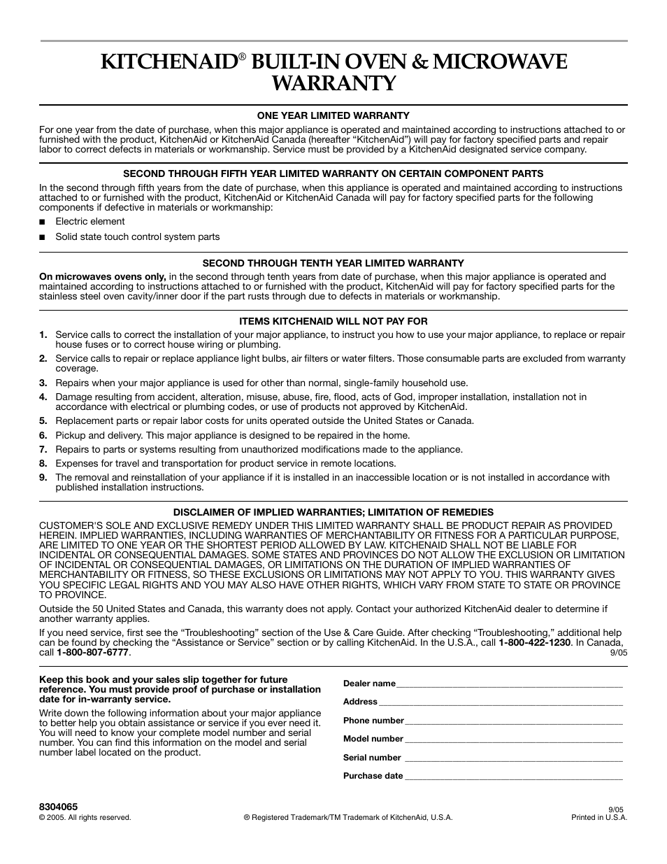 Kitchenaid, Built-in oven & microwave warranty | KITCHENAID KEHC309 User Manual | Page 20 / 20