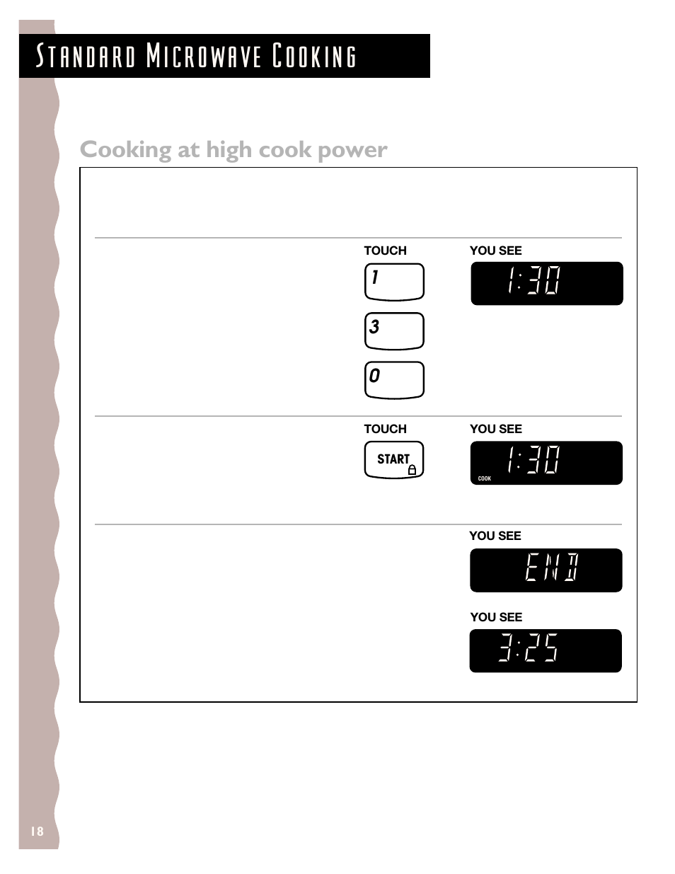 Standard microwave cooking, Cooking at high cook power | KITCHENAID KCMS135H User Manual | Page 18 / 44