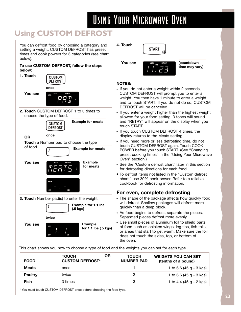 Using custom defrost, Using your microwave oven, For even, complete defrosting | You see, Once, Example for meats | KITCHENAID KHMS145J User Manual | Page 23 / 37
