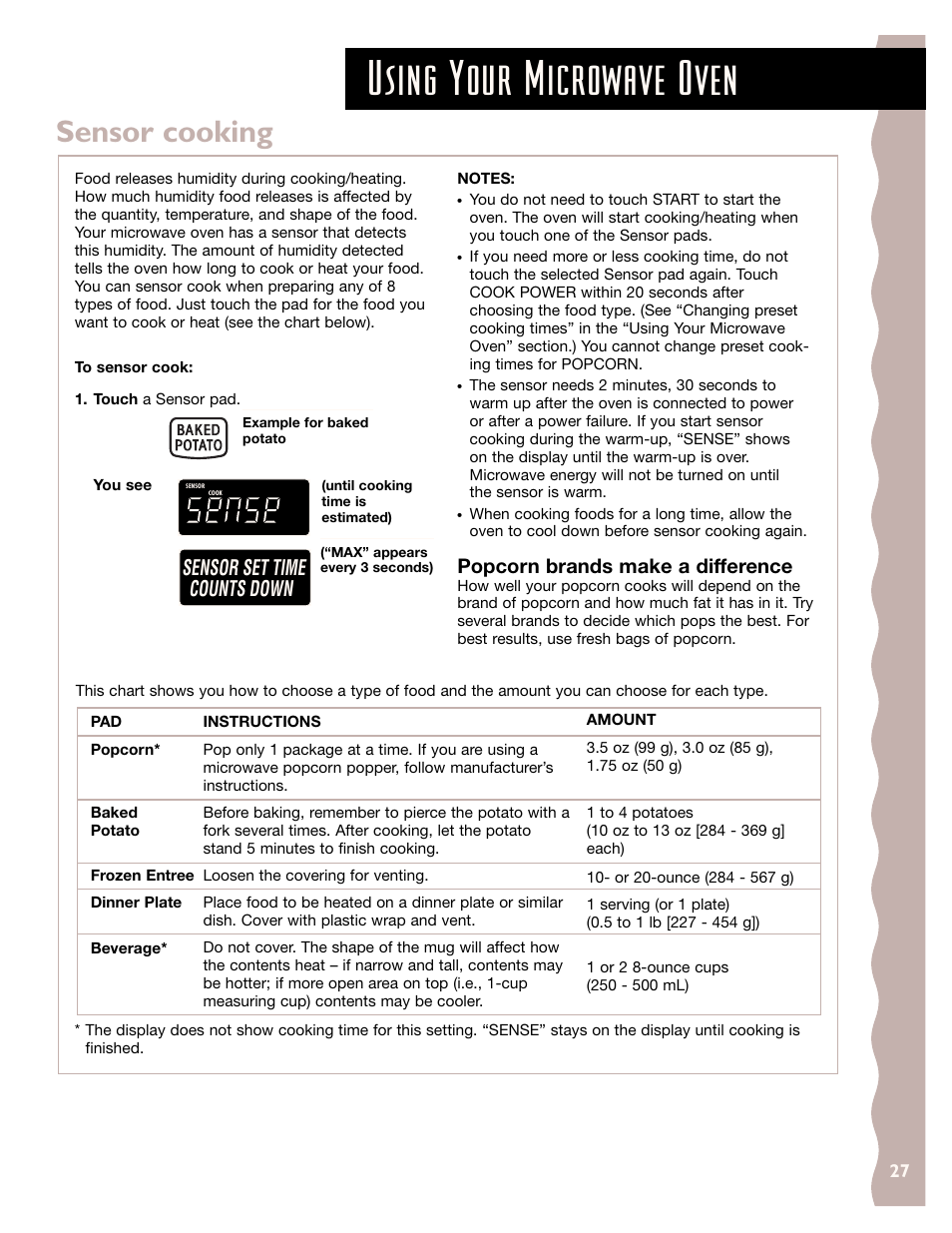 Sensor cooking, Using your microwave oven, Sensor set time counts down | Popcorn brands make a difference | KITCHENAID KHMS145J User Manual | Page 27 / 37