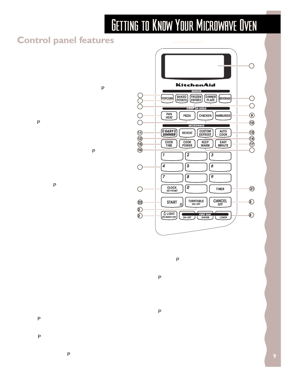 Control panel features, Getting to know your microwave oven | KITCHENAID KHMS145J User Manual | Page 9 / 37