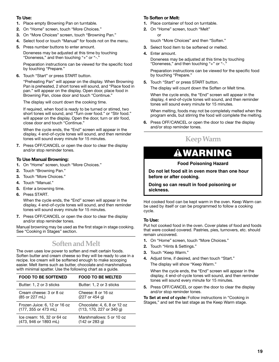 Warning, Soften and melt, Keep warm | KITCHENAID COOK SPEED OVEN User Manual | Page 19 / 24