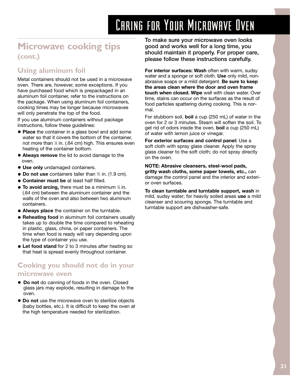 Caring for your microwave oven, Microwave cooking tips, Cont.) using aluminum foil | Cooking you should not do in your microwave oven | KITCHENAID KCMS145J User Manual | Page 21 / 25