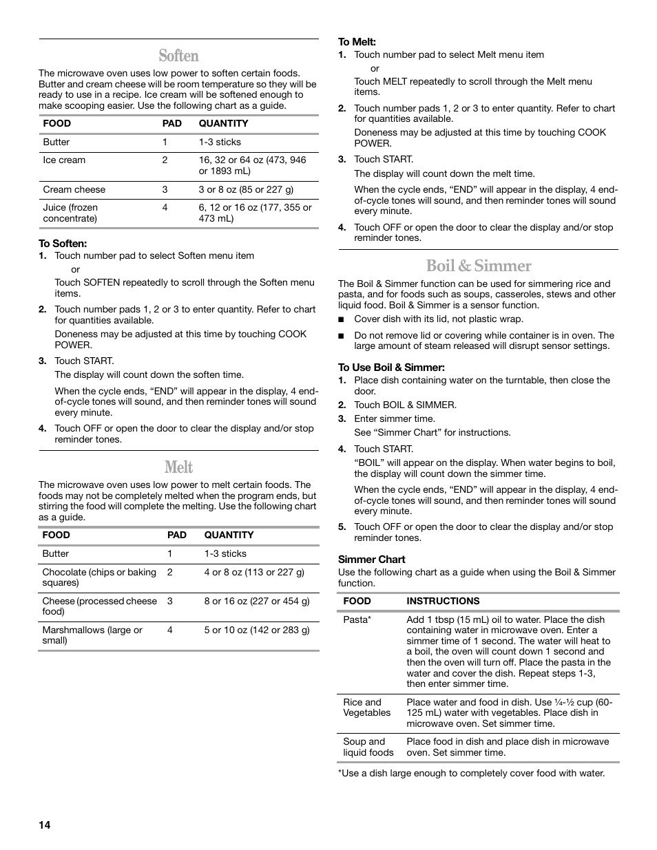 Soften, Melt, Boil & simmer | KITCHENAID KHMS175M User Manual | Page 14 / 20