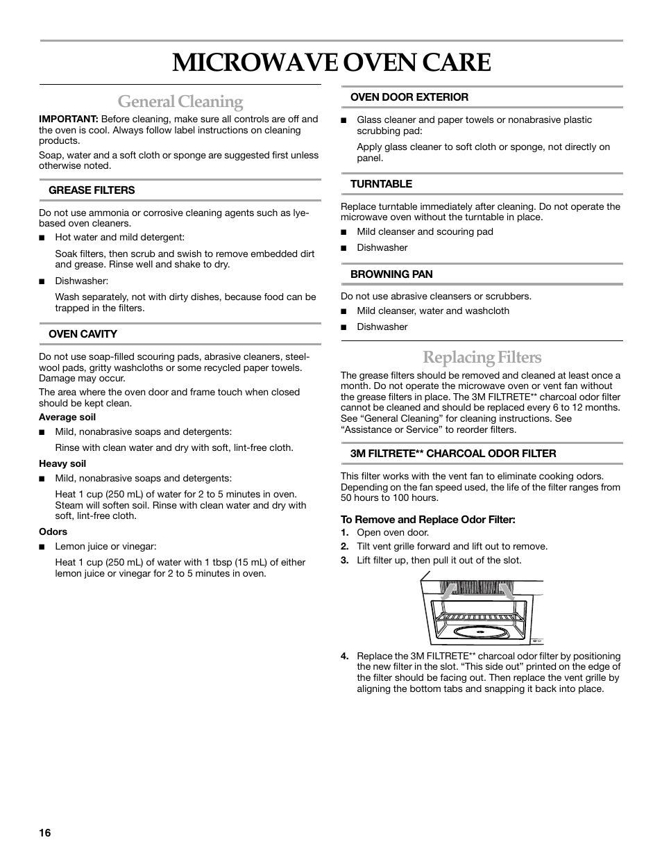 Microwave oven care, General cleaning, Replacing filters | KITCHENAID KHMS175M User Manual | Page 16 / 20
