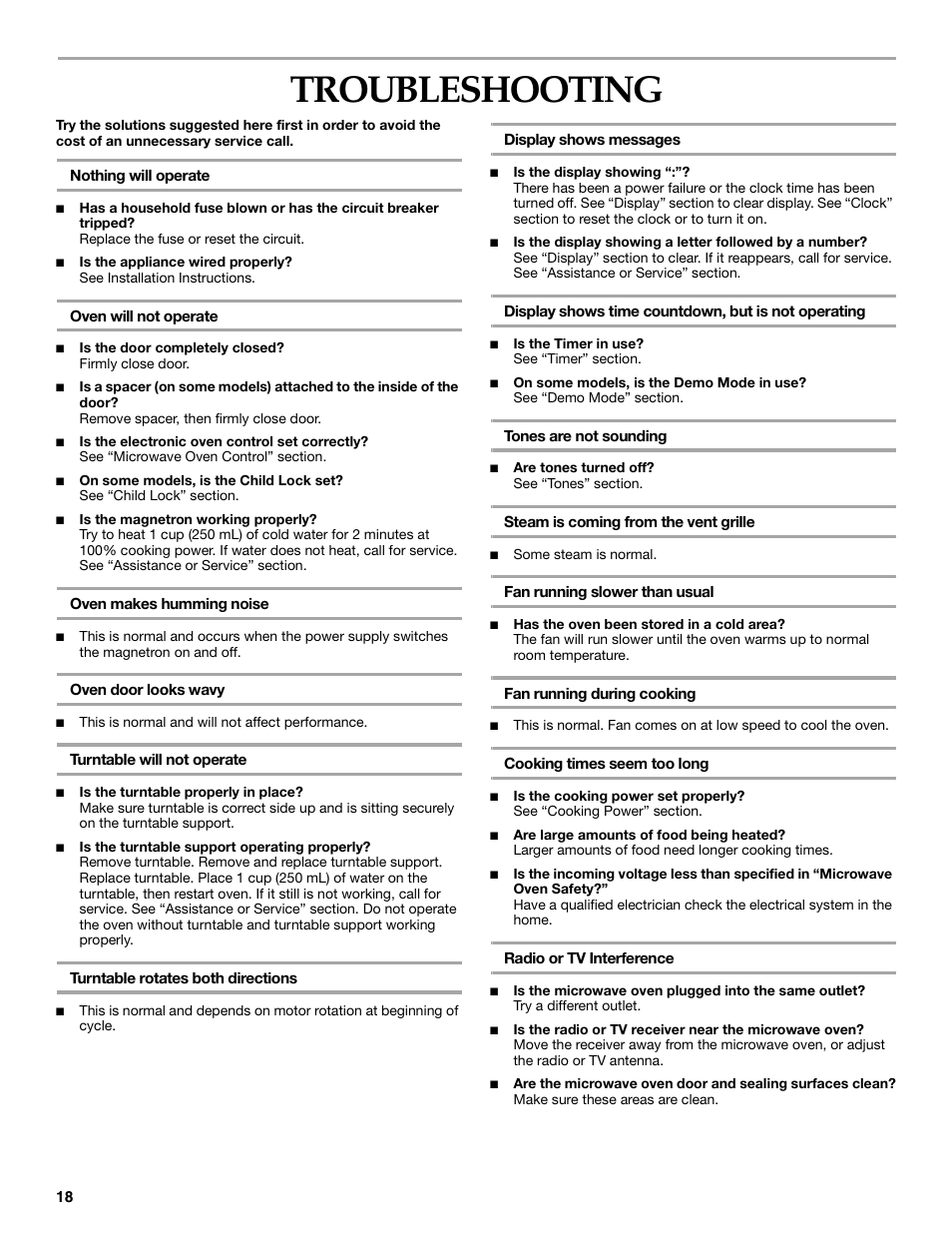 Troubleshooting | KITCHENAID KHMS175M User Manual | Page 18 / 20
