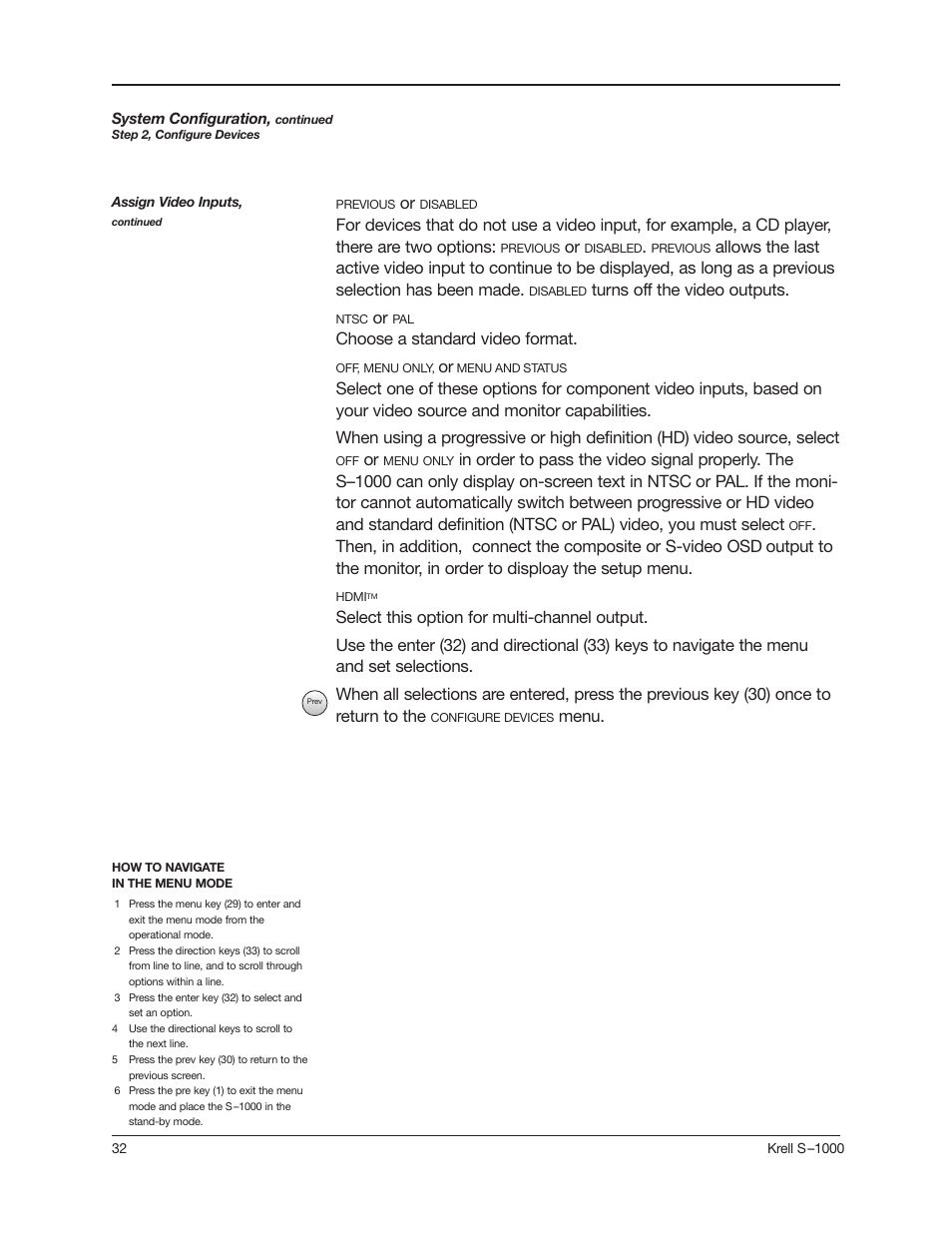 Turns off the video outputs, Choose a standard video format, Menu | Krell Industries S-1000 User Manual | Page 36 / 72
