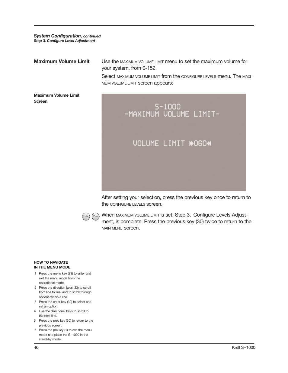 Screen. when, Screen, Use the | Menu. the, Screen appears: maximum volume limit | Krell Industries S-1000 User Manual | Page 50 / 72