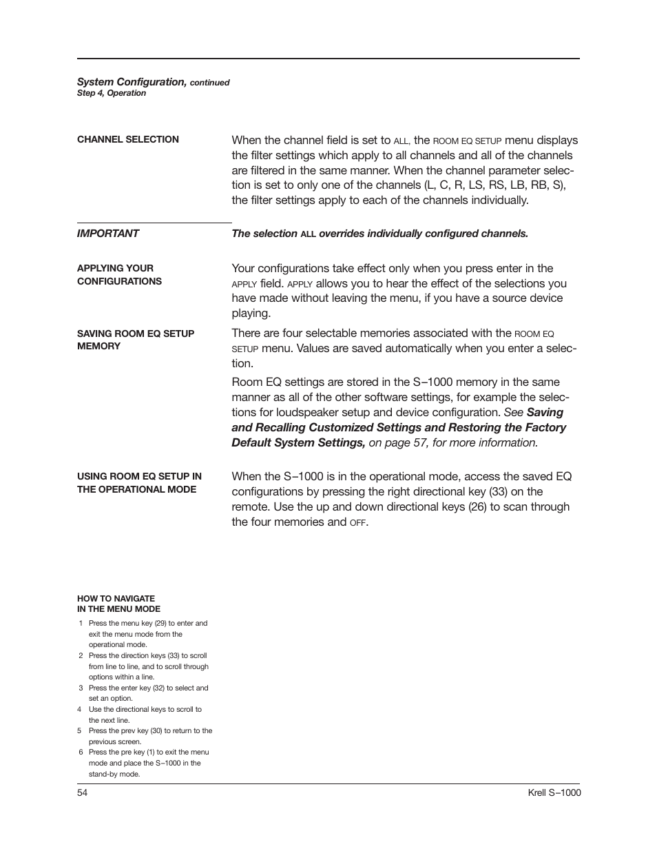 When the channel field is set to, Field | Krell Industries S-1000 User Manual | Page 58 / 72