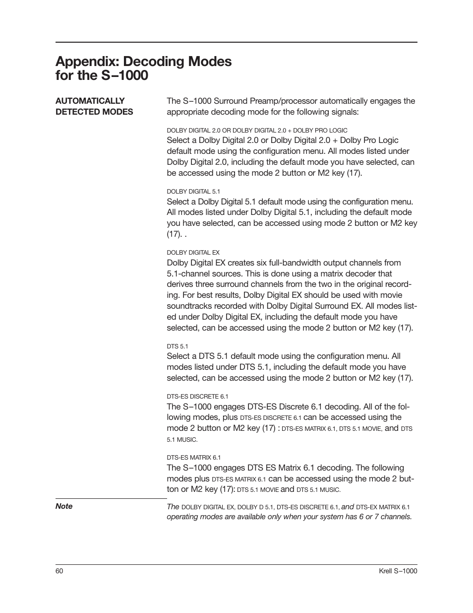 Appendix: decoding modes for the s–1000 | Krell Industries S-1000 User Manual | Page 64 / 72