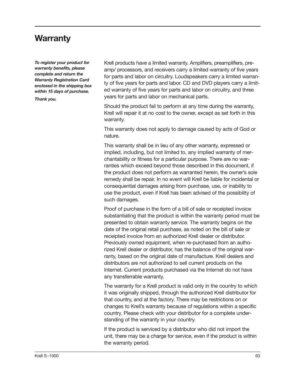 Warranty | Krell Industries S-1000 User Manual | Page 67 / 72