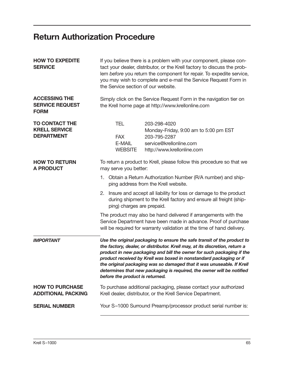 Return authorization procedure | Krell Industries S-1000 User Manual | Page 69 / 72