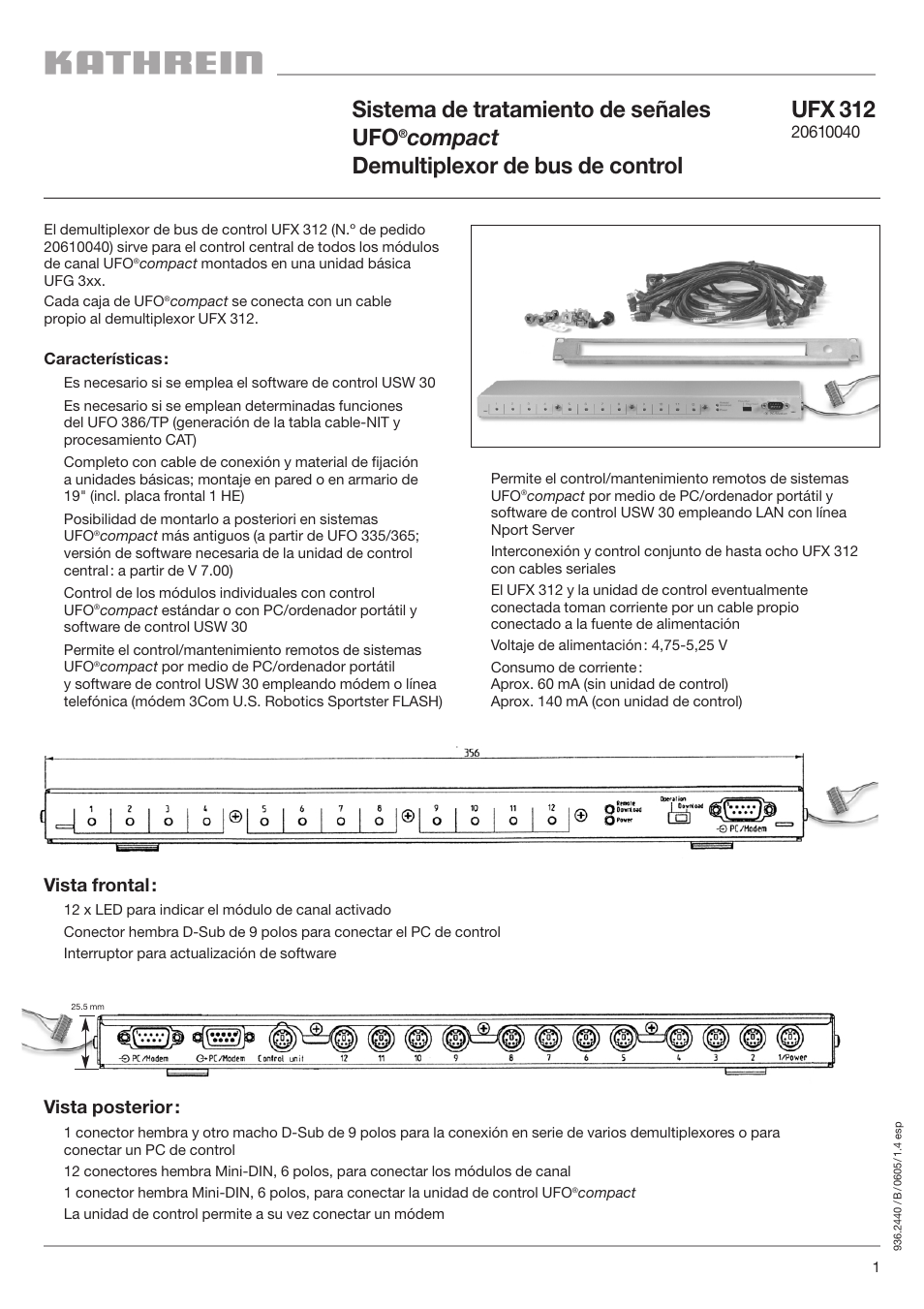 Sistema de tratamiento de señales ufo, Compact demultiplexor de bus de control ufx 312, Vista frontal | Vista posterior | Kathrein UFO UFX 312 User Manual | Page 7 / 10