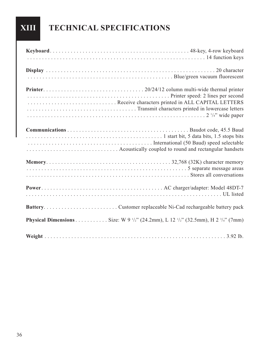 Xiii, Technical specifications | Krown Manufacturing 2000DLD User Manual | Page 38 / 43