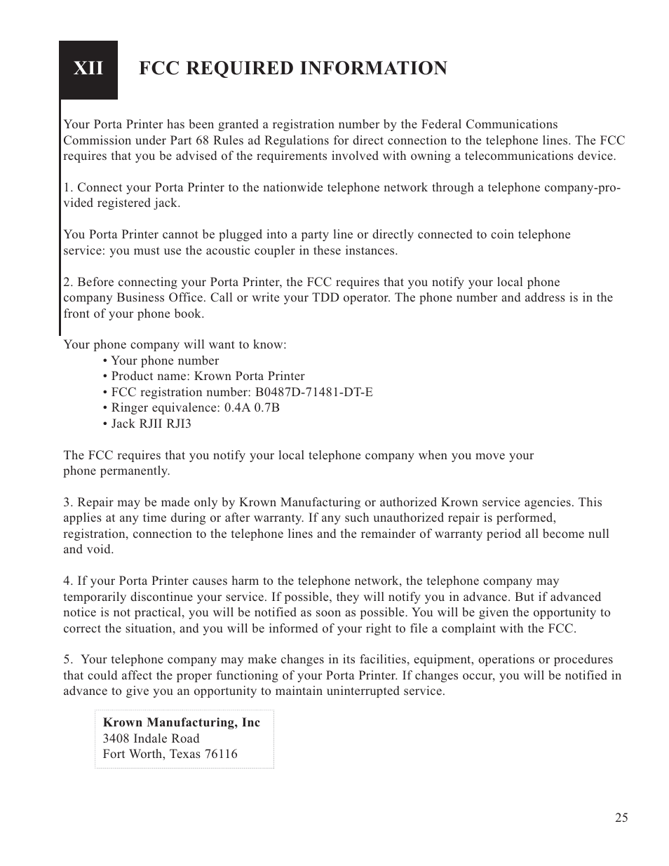 Fcc required information | Krown Manufacturing 2000 User Manual | Page 27 / 29