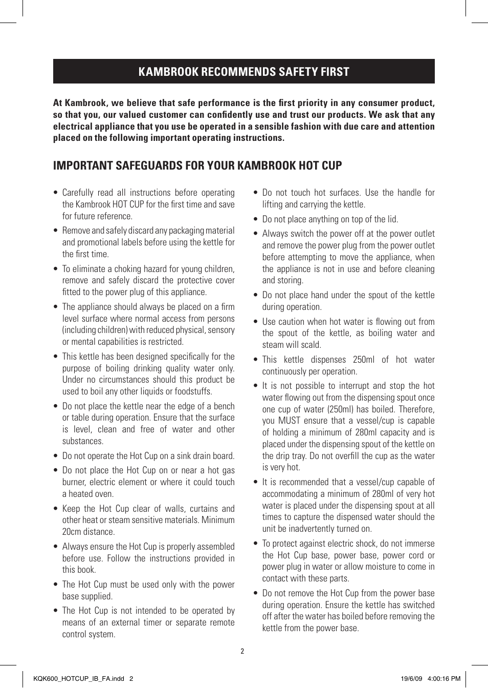 Kambrook recommends safety first, Important safeguards for your kambrook hot cup | Kambrook KQK600 User Manual | Page 2 / 8