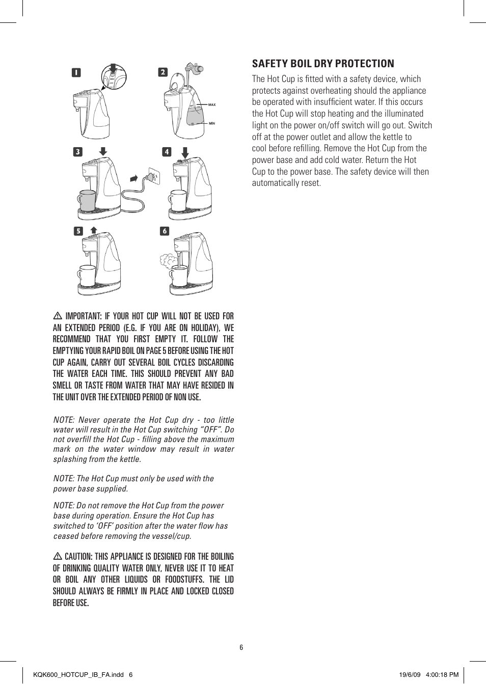 Safety boil dry protection | Kambrook KQK600 User Manual | Page 6 / 8