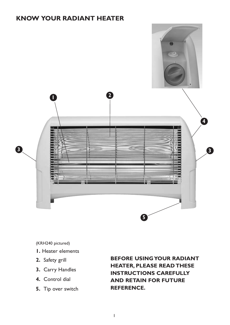 Know your radiant heater | Kambrook KRH240 User Manual | Page 2 / 6