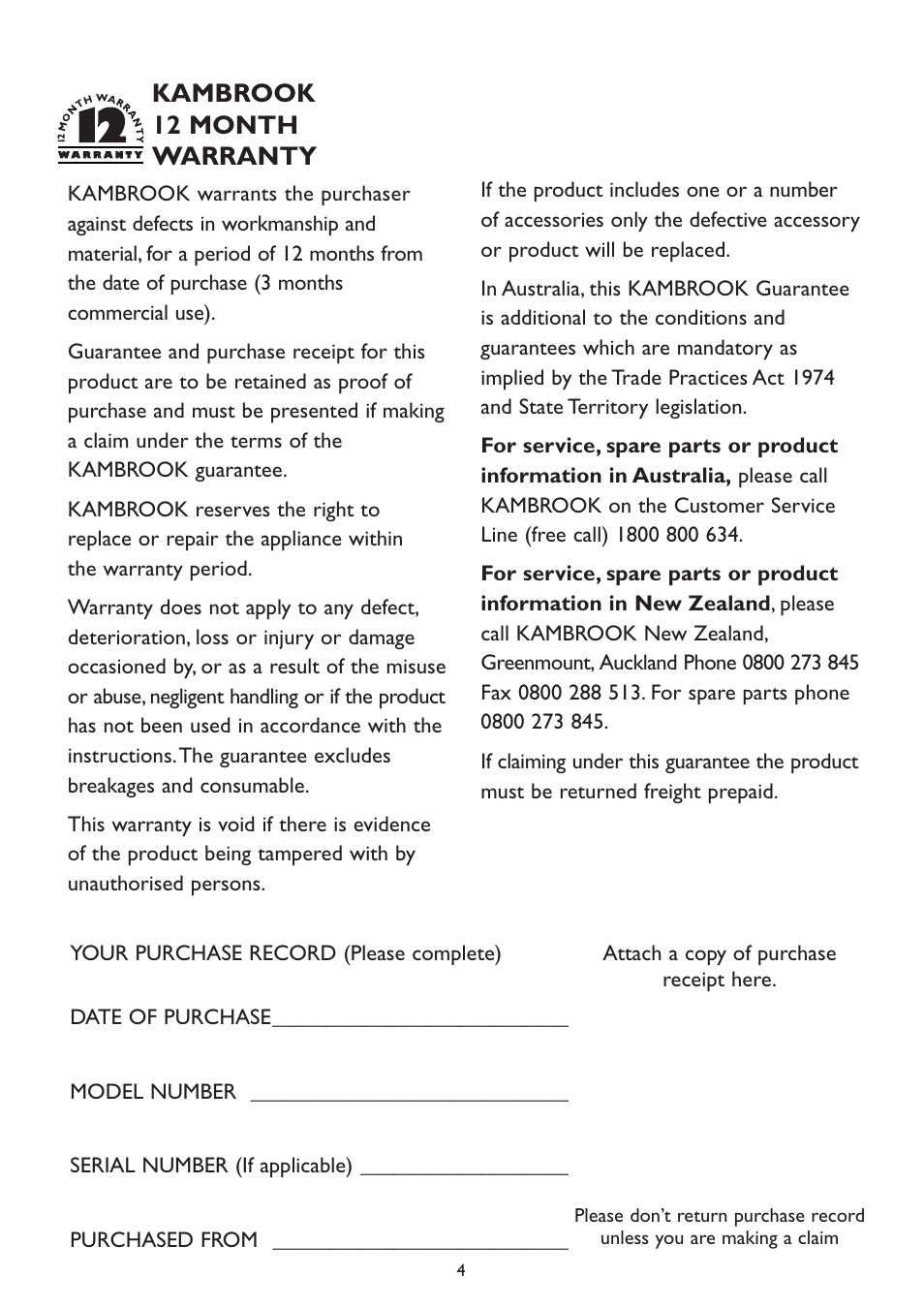 Kambrook 12 month warranty, Attach a copy of purchase receipt here | Kambrook KRH240 User Manual | Page 5 / 6