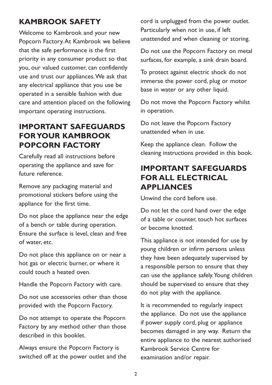 Kambrook safety, Important safeguards for all electrical appliances | Kambrook KPC10 User Manual | Page 2 / 8