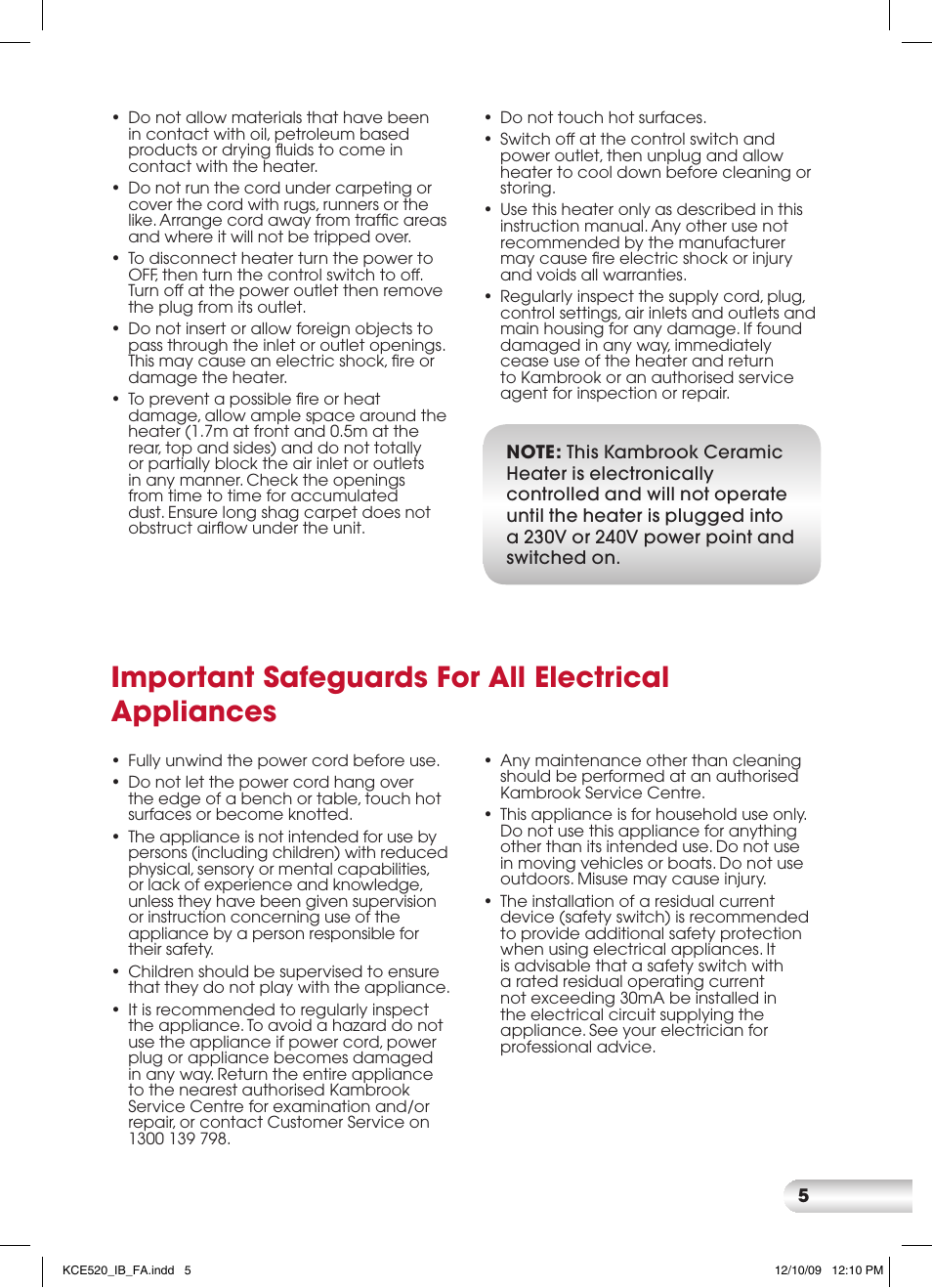 Important safeguards for all electrical appliances | Kambrook KCE520 User Manual | Page 5 / 12