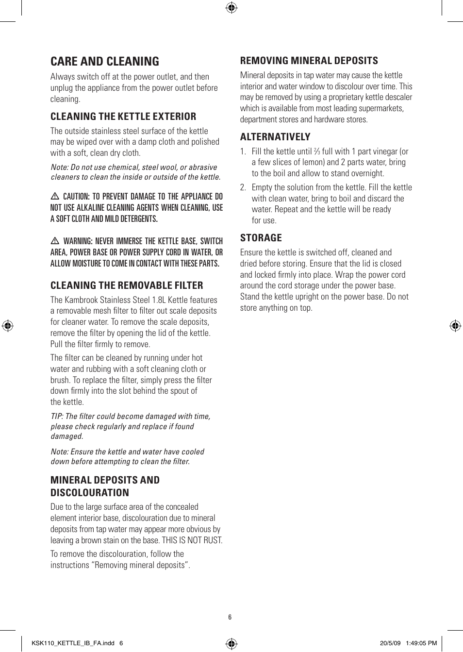 Care and cleaning | Kambrook CORDFREE KSK110 User Manual | Page 6 / 8