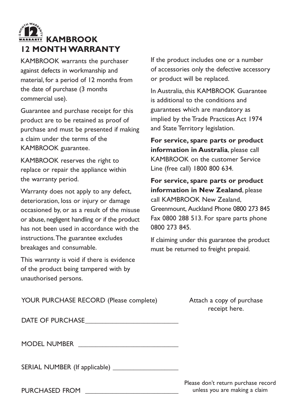 Kambrook 12 month warranty, Attach a copy of purchase receipt here | Kambrook KSK70 User Manual | Page 6 / 7