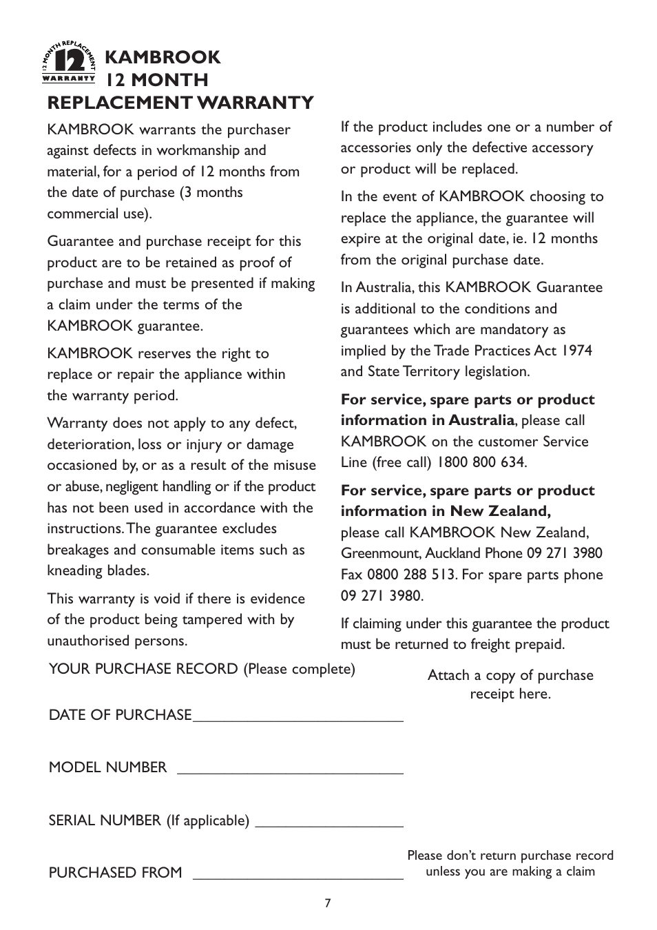 Kambrook 12 month replacement warranty | Kambrook EK9B User Manual | Page 7 / 8