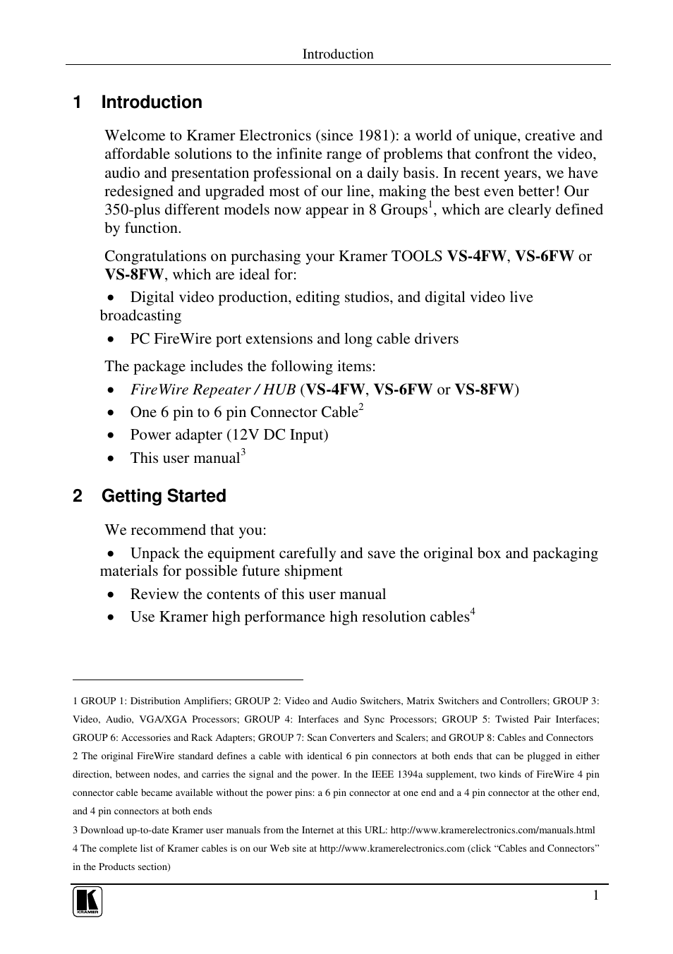 1 introduction, 2 getting started | Kramer Electronics VS-8FW User Manual | Page 3 / 13