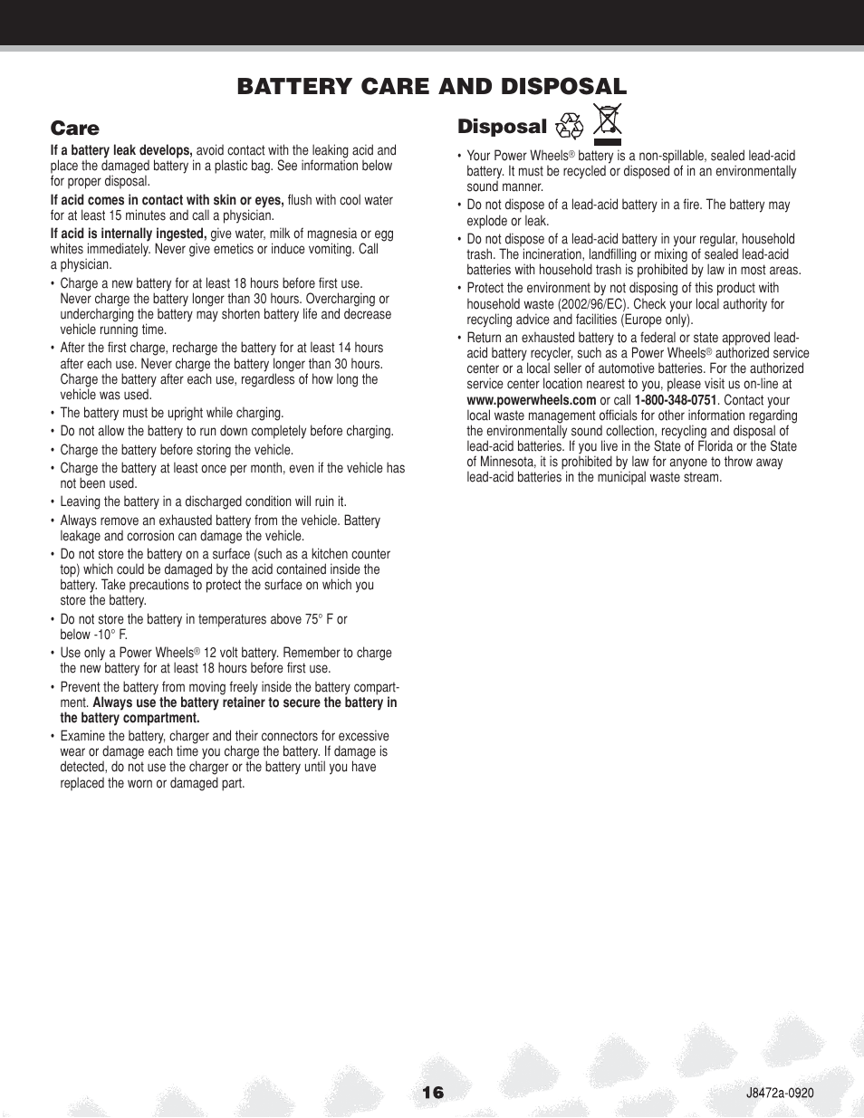 Battery care and disposal, Care, Disposal | Kawasaki NINJA K0450 User Manual | Page 16 / 24