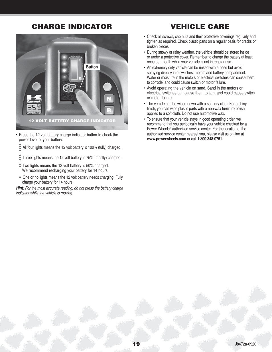 Vehicle care, Charge indicator | Kawasaki NINJA K0450 User Manual | Page 19 / 24