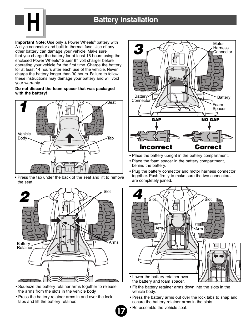 Battery installation, Incorrect correct | Kawasaki MOJAVE 78473 User Manual | Page 17 / 28