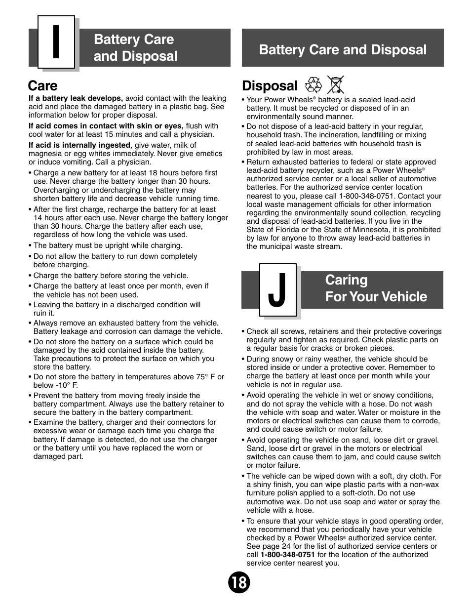 Care disposal, Battery care and disposal caring for your vehicle, Battery care and disposal | Kawasaki MOJAVE 78473 User Manual | Page 18 / 28