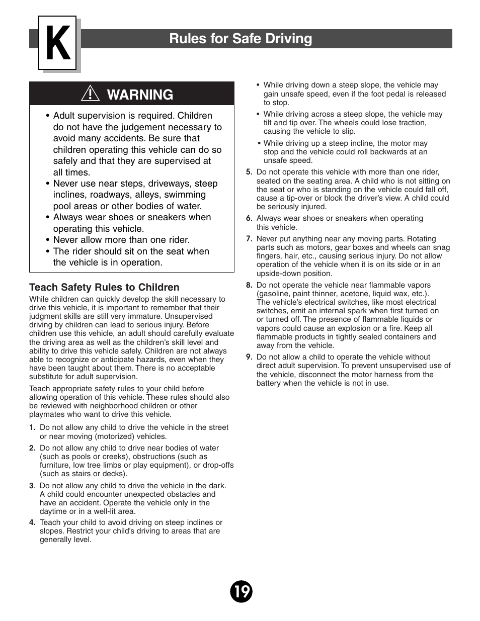 Warning, Rules for safe driving | Kawasaki MOJAVE 78473 User Manual | Page 19 / 28