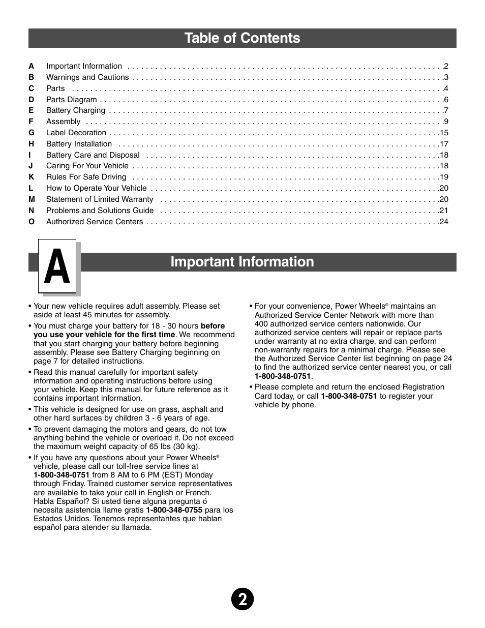 Table of contents important information | Kawasaki MOJAVE 78473 User Manual | Page 2 / 28